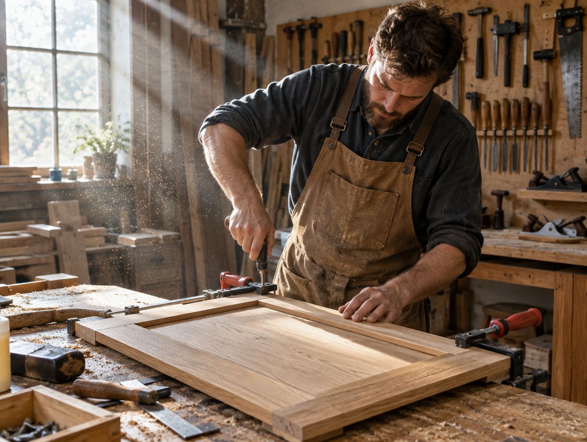 A carpenter finishing a solid-oak cabinet door at his workshop bench
